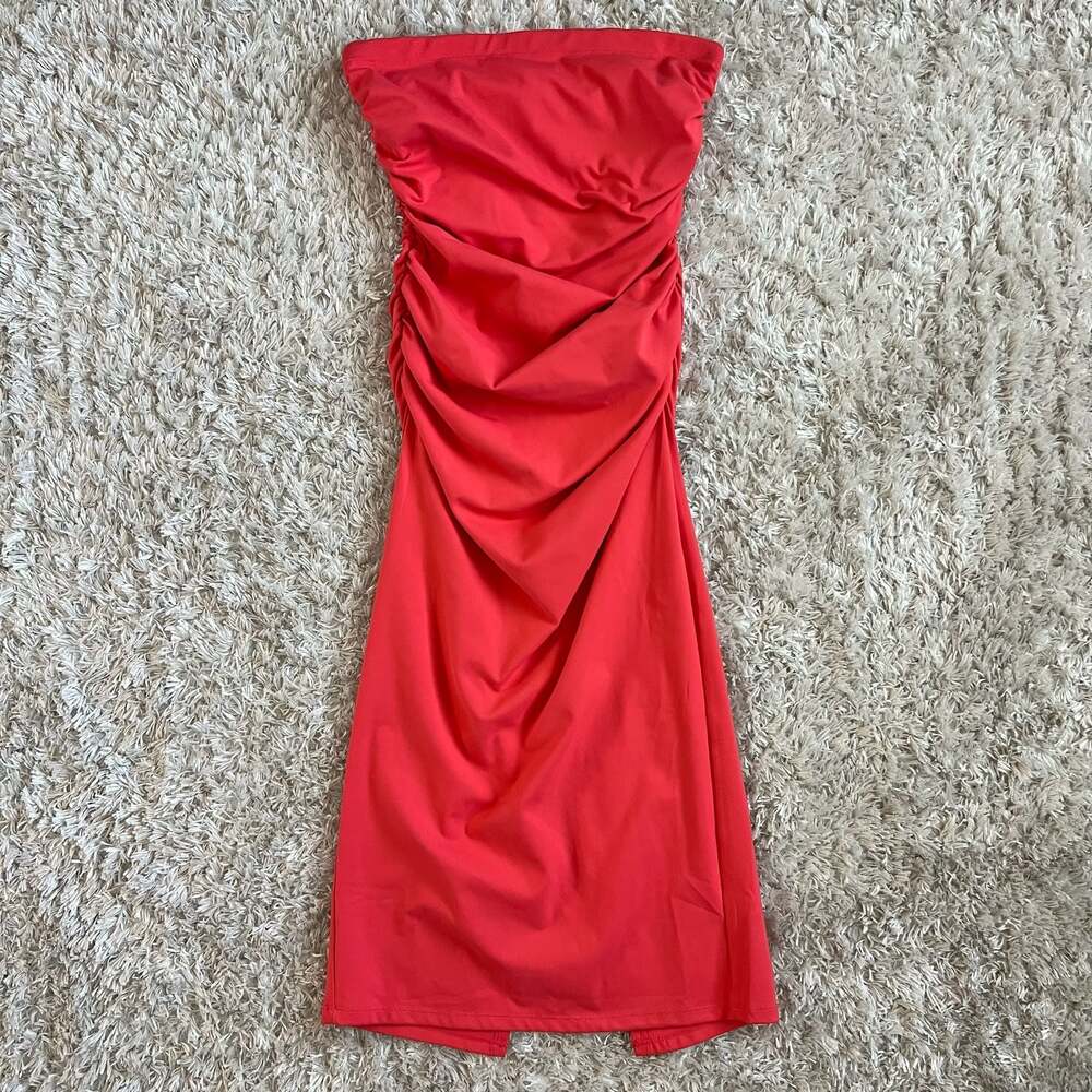 Daily Practice by Anthropologie Ruched Strapless Midi Dress in Red XS